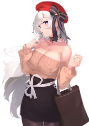Rule 34 | 1girl, absurdres, aran sweater, azur lane, bag, belfast (azur lane), belfast (shopping with the head maid) (azur lane), beret, black skirt, blush, breasts, brown sweater, cable knit, choker, cleavage, collarbone, earrings, food, hat, highres, hoop earrings, huge breasts, jewelry, long hair, looking at viewer, off-shoulder sweater, off shoulder, pantyhose, pencil skirt, pocky, red hat, shopping bag, silver hair, simple background, skirt, smile, solo, sweater, u-st (uweiter), white background