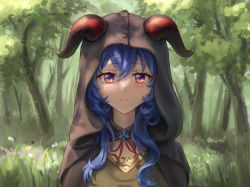 Rule 34 | 1girl, blue hair, blush, cape, commentary, english commentary, flower, forest, ganyu (genshin impact), genshin impact, goat horns, highres, hood, horns, long hair, looking at viewer, multicolored eyes, nature, purple eyes, smile, solo, stormstx, tree, tsurime
