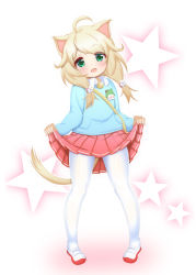 Rule 34 | 1girl, ahoge, animal ears, bag, bell, blonde hair, blue shirt, cat ears, cat tail, clothes lift, green eyes, highres, hosizora mikoto, idolmaster, idolmaster cinderella girls, jingle bell, kindergarten uniform, legs, lifted by self, long hair, low twintails, name tag, open mouth, pantyhose, red skirt, shirt, shoes, skirt, skirt lift, smile, solo, tail, thighs, twintails, white footwear, white pantyhose, yusa kozue
