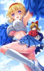Rule 34 | 2girls, :d, alice margatroid, blonde hair, blue eyes, blue skirt, blue sky, blush, bow, bra, breasts, cheerleader, cloud, commentary request, crop top, dated, hair bow, hairband, highres, holding, holding pom poms, large breasts, long hair, motion blur, multiple girls, open mouth, outdoors, panties, pink bra, pink panties, pom pom (cheerleading), pom poms, red bow, red hairband, shanghai doll, short hair, signature, skirt, sky, smile, socks, touhou, underwear, wet, white socks, yamu (reverse noise)