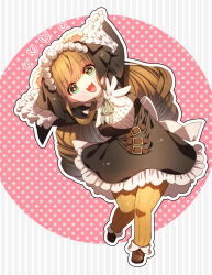 Rule 34 | 1girl, :3, :d, arms up, back bow, belt buckle, black dress, black veil, bow, breasts, brown footwear, brown hair, buckle, chibi, circle, circle skirt, commentary, cristiana alcott, dot nose, dress, flower, frilled dress, frilled sleeves, frills, fukushuu wo koinegau saikyou yuusha wa yami no chikara de senmetsu musou suru, full body, green eyes, green ribbon, grey background, hair bun, heart, heart-shaped pupils, highres, knees together feet apart, large bow, leaning to the side, long hair, long sleeves, looking at viewer, medium breasts, medium dress, neck ribbon, open mouth, outline, pantyhose, pink background, pleated shirt, ribbed legwear, ribbon, sakamoto akira, shirt, shoes, sleeves past wrists, smile, solo, standing, standing on one leg, straight-on, striped, striped background, symbol-shaped pupils, two-tone background, veil, vertical stripes, very long hair, very low bun, white bow, white flower, white outline, white shirt, yellow pantyhose, yellow pupils