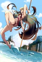 Rule 34 | 1girl, absurdres, ass, barefoot, breasts, c.c. (tipsytrains), cloud, green eyes, green hair, highres, long hair, medium breasts, mountain, nail polish, one-piece swimsuit, original, pole, purple lips, see-through swimsuit, signature, sky, smile, solo, swimsuit, tipsytrains, very long hair, water
