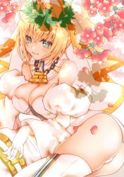 Rule 34 | 10s, 1girl, ahoge, ass, bad id, bad pixiv id, bare shoulders, blonde hair, blush, breasts, chain, cleavage, closed mouth, elbow gloves, fate/extra, fate/extra ccc, fate (series), flower, gloves, green eyes, highres, large breasts, laurel crown, lock, looking at viewer, lying, nero claudius (bride) (fate), nero claudius (bride) (third ascension) (fate), nero claudius (fate), nero claudius (fate) (all), on side, padlock, panties, petals, sheepd, smile, solo, thighhighs, underwear, veil, white gloves, white panties, white thighhighs, zipper pull tab