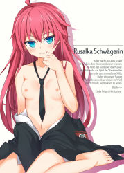 Rule 34 | 1girl, ahoge, between legs, black coat, black necktie, blue eyes, breasts, character name, coat, dies irae, fuji kakei, german text, hand between legs, hand to own mouth, knees together feet apart, long hair, naked coat, naughty face, navel, necktie, nipples, no pants, off shoulder, red hair, rusalka schwagerin, shinza bansho series, shirt, sitting, small breasts, smile, solo, topless, translated, white shirt