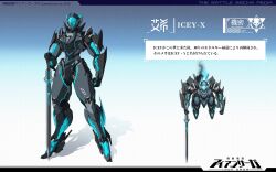 Rule 34 | company name, copyright name, crossover, highres, holding, holding sword, holding weapon, icey-xcee, icey (game), iron saga, mecha, no humans, robot, sword, weapon