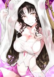 Rule 34 | 10s, 1girl, armpits, bare shoulders, black hair, blush, breasts, cleavage, collarbone, cosaten, detached sleeves, facial mark, fate/extra, fate/extra ccc, fate (series), forehead mark, horns, large breasts, long hair, looking at viewer, parted lips, revealing clothes, sessyoin kiara, sideboob, smile, solo, tattoo, veil, very long hair, yellow eyes