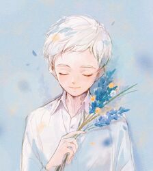 Rule 34 | 1boy, absurdres, awarin, closed eyes, closed mouth, collared shirt, flower, highres, holding, holding flower, blue background, male focus, neck tattoo, norman (yakusoku no neverland), number tattoo, shirt, solo, tattoo, white hair, white shirt, yakusoku no neverland
