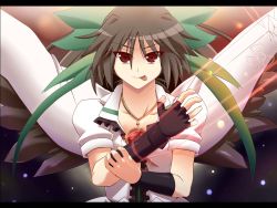 Rule 34 | 1girl, :p, arm cannon, black hair, bow, cape, female focus, fingerless gloves, gloves, hair bow, jewelry, necklace, outline, red eyes, reiuji utsuho, shin&#039;ya (nanp), solo, tongue, tongue out, touhou, weapon, wings