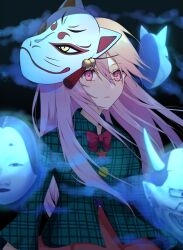 Rule 34 | 1girl, closed mouth, commentary, fox mask, green shirt, hata no kokoro, highres, long hair, looking at viewer, mask, mask on head, noh mask, oni mask, pink eyes, pink hair, plaid, plaid shirt, shirt, solo, touhou, umeko 81, upper body