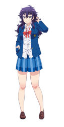Rule 34 | 10s, 1girl, adjusting hair, bare legs, blazer, full body, hand in pocket, highres, jacket, jitome, loafers, long hair, long sleeves, no socks, official art, okako (galko), open clothes, open jacket, oshiete! galko-chan, plaid, plaid skirt, pleated skirt, purple eyes, purple hair, shirt, shoes, simple background, skirt, solo, untucked shirt, white background