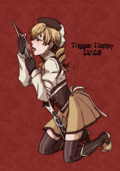 Rule 34 | 10s, 1girl, beret, blonde hair, boots, brown thighhighs, corset, detached sleeves, drill hair, fingerless gloves, gloves, gun, hair ornament, hairpin, hat, knee boots, kneeling, magical girl, magical musket, mahou shoujo madoka magica, mahou shoujo madoka magica (anime), pleated skirt, puffy sleeves, red background, ribbon, rifle, sexually suggestive, shirt, skirt, solo, striped clothes, striped thighhighs, taut clothes, taut shirt, thighhighs, tomoe mami, tongue, torinone, twin drills, twintails, vertical-striped clothes, vertical-striped thighhighs, weapon, yellow eyes, zettai ryouiki