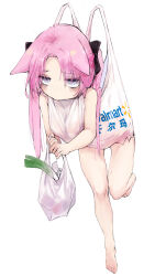 Rule 34 | 1girl, absurdres, animal ears, bag, barefoot, blush, commentary, floppy ears, grey eyes, hanging, highres, holding, holding bag, jitome, leg up, long hair, looking at viewer, original, parted bangs, pink hair, plastic bag, product placement, pugwit, solo, spring onion, thigh gap, walmart, water drop