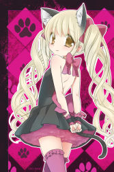 Rule 34 | 1girl, :3, animal ears, argyle, argyle background, argyle clothes, back, bad id, bad pixiv id, bare shoulders, blonde hair, bow, cat ears, cat tail, dress, drill hair, hair ribbon, koruri, long hair, looking at viewer, looking back, original, paw print, pink thighhighs, ribbon, solo, standing, tail, thighhighs, twin drills, very long hair, wristband, yellow eyes, zettai ryouiki