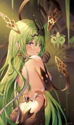Rule 34 | 1girl, :o, absurdres, back, backless dress, backless outfit, bare shoulders, black gloves, crown, dress, earrings, elbow gloves, gloves, green eyes, green hair, hair between eyes, highres, honkai (series), honkai impact 3rd, jewelry, looking at viewer, looking back, mobius (honkai impact), open mouth, shan far, single earring, sleeveless, sleeveless dress, solo, wavy hair