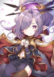 Rule 34 | cape, commentary request, dress, granblue fantasy, hair ornament, hair over one eye, harvin, highres, long hair, looking at viewer, navel, niyon (granblue fantasy), petals, pilokey, purple eyes, purple hair, simple background, smile, solo, thighhighs, white background