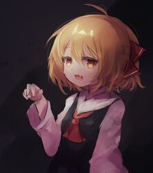Rule 34 | 1girl, ahoge, ar (maeus), ascot, black background, commentary, fang, hair ribbon, long sleeves, looking at viewer, open mouth, red ascot, red eyes, red ribbon, ribbon, rumia, simple background, solo, touhou, upper body