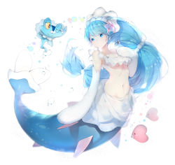 Rule 34 | 1girl, ;), bare shoulders, beads, blue eyes, blue hair, breasts, bubble, closed mouth, collarbone, colored eyelashes, creatures (company), eye contact, frills, froakie, full body, game freak, gen 3 pokemon, gen 6 pokemon, gen 7 pokemon, hair beads, hair ornament, hand on own chest, linfi-muu, long hair, looking at another, low-tied long hair, luvdisc, mermaid, monster girl, multi-tied hair, navel, nintendo, one eye closed, pale skin, personification, pokemon, pokemon (creature), pokemon rse, pokemon sm, pokemon xy, primarina, salute, see-through, small breasts, smile, starfish hair ornament, stomach, submerged, underboob, underwater, veil, very long hair, white background