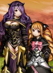 Rule 34 | 2girls, armor, artist request, breasts, brown eyes, brown hair, camilla (fire emblem), cleavage, cleavage cutout, clothing cutout, dress, drill hair, elise (fire emblem), fire emblem, fire emblem fates, gradient background, hair over one eye, multiple girls, nintendo, purple hair, red eyes, twin drills