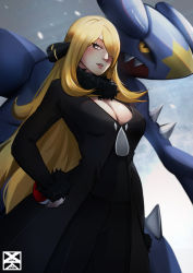 Rule 34 | 1girl, absurdres, alternate breast size, black coat, black collar, blonde hair, breasts, cleavage, coat, collar, commentary request, creatures (company), cynthia (pokemon), eyelashes, fur-trimmed coat, fur collar, fur trim, game freak, garchomp, gen 4 pokemon, grey eyes, hair ornament, hair over one eye, hand on own hip, highres, holding, holding poke ball, long hair, long sleeves, nintendo, parted lips, poke ball, poke ball (basic), pokemon, pokemon (creature), pokemon dppt, xuuikie ashe