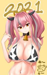 Rule 34 | 1girl, 2021, absurdres, animal ears, animal print, azur lane, bare shoulders, bell, bikini, black choker, breasts, bremerton (azur lane), chinese zodiac, choker, cleavage, collarbone, commentary request, cow, cow ears, cow horns, cow print, curvy, fake animal ears, fake horns, groin, hair between eyes, hair intakes, hand up, head tilt, highres, horns, large breasts, light smile, long hair, looking at viewer, memai (mathpersimmon), midriff, multicolored hair, navel, navel piercing, neck bell, no mole, piercing, pink eyes, pink hair, shiny skin, sidelocks, simple background, solo, standing, streaked hair, swimsuit, translation request, twintails, underboob, upper body, white bikini, year of the ox, yellow background