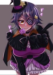 Rule 34 | 1girl, alternate costume, bent over, black cape, black gloves, blush, breasts, candy, cape, capelet, dress, eyebrows, eyepatch, food, gloves, hair ornament, halloween, halloween costume, hat, highres, in mouth, kantai collection, large breasts, lollipop, looking at viewer, one-eyed, orange capelet, pointing, pointing at viewer, purple hair, star (symbol), star hair ornament, steam, tenryuu (kancolle), witch, witch hat, yuudadou