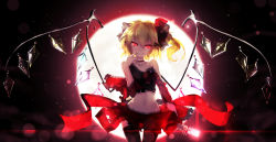 Rule 34 | 1girl, bat wings, between fingers, blonde hair, bow, breasts, card, diffraction spikes, fang, finger to mouth, flandre scarlet, full moon, glowing, hair between eyes, highres, holding, holding card, jewelry, midriff, moon, naughty face, navel, qys3, red eyes, revision, short hair, side ponytail, sky, small breasts, smile, solo, star (sky), starry sky, thighhighs, touhou, wings