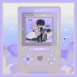 Rule 34 | 2boys, black footwear, black hair, black jacket, black pants, black shirt, black sleeves, blue eyes, blush, border, car, carrying, character name, check copyright, cloud, copyright request, crescent, dated, deformed, earrings, english text, game boy, gradient background, grey jacket, grey sleeves, half-closed eyes, hand on another&#039;s cheek, hand on another&#039;s face, handheld game console, heart, highres, inplick, jacket, jersey, jewelry, long sleeves, looking at another, looking to the side, male focus, messy hair, motor vehicle, multiple boys, open clothes, open jacket, original, pants, parted lips, princess carry, purple background, purple border, shirt, shoes, short hair, sparkle, spoken heart, stud earrings, thick eyebrows, v-shaped eyebrows, white footwear, white hair, white shirt, yaoi, yellow eyes