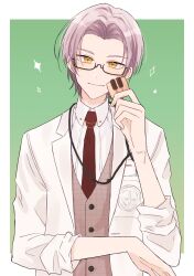 Rule 34 | 1boy, black-framed eyewear, brown vest, closed mouth, collared shirt, commentary request, cookie, food, glasses, green background, grey hair, hand up, highres, holding, holding food, lab coat, lanyard, looking at viewer, male focus, mtkignsn, necktie, open clothes, parted bangs, red necktie, semi-rimless eyewear, shirt, smile, solo, sparkle, tears of themis, two-tone background, under-rim eyewear, upper body, vest, vyn richter (tears of themis), white background, white shirt, yellow eyes