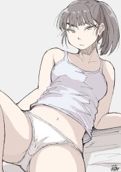Rule 34 | 1girl, arm support, breasts, brown eyes, dated, feet out of frame, hadashi no kenji, highres, lying, medium hair, navel, on back, original, panties, ponytail, shirt, small breasts, solo, spread legs, underwear, white panties, white shirt