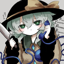 1girl black_hat blouse blush buttons diamond_button eyeball frilled_sleeves frills green_eyes green_hair hat hat_ribbon heripantomorrow holding holding_knife holding_phone knife komeiji_koishi phone pout ribbon shirt solo third_eye touhou translation_request yellow_ribbon yellow_shirt