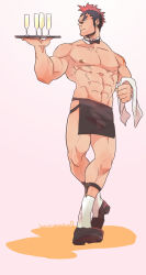 Rule 34 | 1boy, abs, alcohol, apron, bandaid, bandaid on face, bandaid on nose, bara, black hair, cup, drinking glass, full body, highres, kinagase tsumugu, koryuu (gackter10), large pectorals, male focus, mohawk, multicolored hair, muscular, nipples, pectorals, pectorals, red hair, skindentation, solo, thighs, topless male