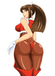 Rule 34 | 1girl, ass, battle master, breasts, brown hair, character request, from behind, gloves, huge ass, large breasts, lips, ml, ninja, pantyhose, ponytail, ranmaru (battle master), simple background, solo