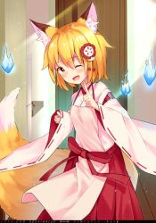Rule 34 | 1girl, ;d, animal ear fluff, animal ears, apron, blonde hair, blush, brown eyes, commentary request, dated, flower, fox ears, fox girl, fox tail, hair between eyes, hair flower, hair ornament, hakama, hakama skirt, hand up, index finger raised, indoors, japanese clothes, kimono, long sleeves, looking at viewer, one eye closed, open mouth, red flower, red hakama, ribbon-trimmed sleeves, ribbon trim, senko (sewayaki kitsune no senko-san), sewayaki kitsune no senko-san, shiraki shiori, skirt, sleeves past wrists, smile, solo, tail, tail raised, translation request, white apron, white kimono, wide sleeves