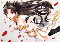 Rule 34 | 1girl, :d, armlet, artist name, asymmetrical sleeves, bare arms, bare legs, bare shoulders, black detached sleeves, black hair, black ribbon, black thighhighs, breasts, cleavage, commentary request, crown, detached sleeves, earrings, fate/grand order, fate (series), female focus, gem, hair ornament, hair ribbon, hoop earrings, ishtar (fate), iwanaga tm, jewelry, legs, long hair, looking at viewer, medium breasts, navel, neck ring, open mouth, outstretched arm, outstretched hand, pelvic curtain, petals, reaching, red eyes, revealing clothes, ribbon, rose petals, single sleeve, single thighhigh, smile, solo, strapless, thighhighs, tohsaka rin, twintails, two side up, type-moon, uneven sleeves