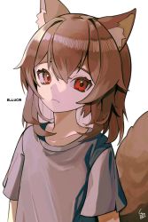 Rule 34 | 1girl, absurdres, animal ear fluff, animal ears, brown hair, check copyright, collarbone, copyright request, eyelashes, grey background, grey shirt, hair between eyes, highres, long hair, original, red eyes, shirt, signature, simple background, solo, syu45, t-shirt, tail