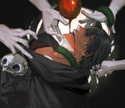 Rule 34 | 1boy, apple, black background, clothes grab, dripping, expressionless, final fantasy, final fantasy xiv, food, from side, fruit, grabbing another&#039;s hair, green eyes, green hair, gslkey, half-closed eyes, hermes (ff14), highres, hood, hood down, looking up, male focus, mask, unworn mask, open mouth, out of frame, short hair, sketch, snake, snake bondage, solo focus, strangling, upper body