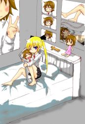 Rule 34 | 1girl, artist request, bed, blonde hair, blue eyes, brown hair, character doll, dakimakura (object), female focus, highres, indoors, kill me baby, legs, long hair, open clothes, oribe yasuna, pillow, poster (object), short hair, skirt, solo, sonya (kill me baby), twintails, v, voodoo doll, straw doll, yuri