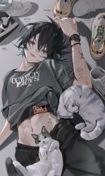 Rule 34 | 1boy, 2others, air jordan, air jordan 1, arm tattoo, balenciaga, bishounen, black hair, blue eyes, blue hair, cat, commentary, dior, english text, grey background, grey shirt, half-closed eyes, highres, keki chogyegi, looking at viewer, lying, male focus, multicolored hair, multiple others, navel, nike (company), off-white (brand), on back, on floor, on lap, original, shirt, shoes, short hair, short sleeves, sleeping, sneakers, symbol-only commentary, tattoo, tongue, tongue out, two-tone hair, watch, wristwatch