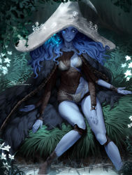 Rule 34 | 1girl, aleriia v, blue eyes, blue hair, blue skin, cloak, colored skin, cosplay, cracked skin, doll joints, elden ring, extra arms, extra faces, fia the deathbed companion (cosplay), hat, highres, joints, long hair, looking at viewer, navel, one eye closed, panties, ranni the witch, solo, underwear, water, witch, witch hat