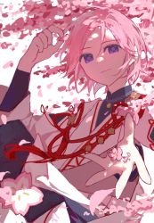Rule 34 | 1boy, absurdres, cherry blossoms, closed mouth, ensemble girls!, flower, hair between eyes, highres, holding, holding petal, japanese clothes, linglingzhong3, looking at viewer, male focus, open hand, oukawa kohaku, petals, pink flower, pink hair, pink theme, purple eyes, smile, solo, wide sleeves