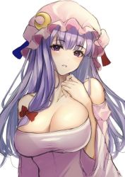 Rule 34 | 1girl, 7saki, bad id, bad twitter id, bare shoulders, bow, breasts, cleavage, crescent, crescent hat ornament, hat, hat ornament, large breasts, long hair, mob cap, off shoulder, patchouli knowledge, purple eyes, purple hair, simple background, solo, touhou