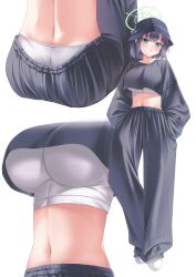 Rule 34 | 1girl, absurdres, black hair, black headwear, black shirt, black shorts, blue archive, blush, breasts, green eyes, green halo, halo, hat, highres, large breasts, long sleeves, multiple views, navel, open mouth, saki (blue archive), shira jun, shirt, short hair, shorts, simple background, white background