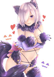 Rule 34 | 1girl, aa-aster, animal ears, breasts, claws, elbow gloves, fang, fate/grand order, fate (series), fur trim, gloves, hair over one eye, halloween costume, highres, large breasts, light purple hair, looking at viewer, mash kyrielight, mash kyrielight (dangerous beast), navel, o-ring, official alternate costume, open mouth, purple eyes, short hair, smile, solo, tail, thighhighs, wolf ears, wolf tail