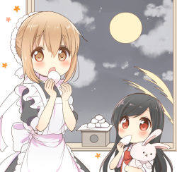 Rule 34 | 2girls, apron, black hair, brown eyes, brown hair, character request, commentary request, food, frilled apron, frills, hair between eyes, long hair, looking at viewer, maid, maid apron, maid headdress, mochi, multiple girls, orenchi no meidosan, original, ouhara lolong, puffy sleeves, rabbit, red eyes, short sleeves, stuffed animal, stuffed rabbit, stuffed toy, waist apron