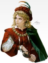 Rule 34 | 1girl, absurdres, blonde hair, blue eyes, buttons, closed mouth, clothing request, earrings, expressionless, frilled sleeves, frills, hand on hilt, highres, holding, holding sheath, holding sword, holding weapon, jewelry, long sleeves, looking to the side, medium hair, necklace, original, rapier, renaissance clothes, scabbard, sheath, shirt, simple background, solo, sword, upper body, vlfdus 0, wavy hair, weapon, white background, white shirt
