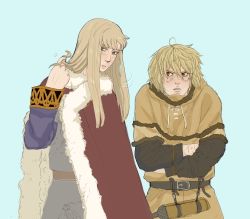 Rule 34 | 2boys, absurdres, androgynous, armor, belt, blonde hair, blue background, blue eyes, blush, brown eyes, canute, cape, chainmail, cold, cross scar, dagger, eyebrows, eyelashes, fur, fur collar, fur trim, head turn, highres, hood, hoodie, knife, konki, long hair, looking at another, looking at viewer, male focus, messy hair, multiple boys, ornament, playing with own hair, prince, red cape, scar, scar on arm, sidelocks, simple background, thorfinn, viking, vinland saga, weapon