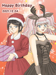 Rule 34 | animal costume, antlers, belt buckle, belt collar, black hair, blue eyes, buckle, christmas, christmas present, closed mouth, collar, collarbone, danganronpa: trigger happy havoc, danganronpa (series), dated, ears, enoshima junko, freckles, gift, hand up, happy birthday, hat, highres, horns, ikusaba mukuro, open mouth, orange background, pink hair, reindeer antlers, reindeer costume, reindeer girl, santa costume, santa hat, siblings, simple background, sisters, smile, snowflakes, twins, twintails, v