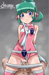 Rule 34 | 1boy, 1girl, artist name, bar censor, bare shoulders, blush, blush stickers, calen (time bokan), censored, closed mouth, clothed female nude male, clothing aside, cowgirl position, girl on top, gloves, hetero, highres, leotard, leotard aside, looking at viewer, lying, missionary, nude, on back, penis, ponytail, pov, purple eyes, pussy, pussy juice, sex, smile, solo focus, straddling, time bokan (series), time bokan 24, vaginal