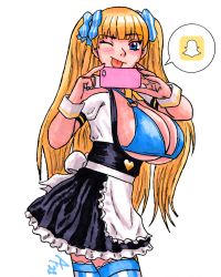 Rule 34 | 1girl, ;p, aaronhibiki, apron, bikini, bikini top only, blonde hair, blue eyes, blunt bangs, blush, bow, breasts, cellphone, cleavage, hair bow, hair ornament, heart, highres, huge breasts, large breasts, lina (michihasu), long hair, multicolored eyes, nail polish, one eye closed, phone, pink eyes, selfie, short sleeves, skirt, smartphone, snapchat, solo, striped clothes, striped thighhighs, swimsuit, thighhighs, tongue, tongue out, twintails, very long hair, waist apron, white apron, wrist cuffs, xxxhibiki