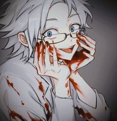 Rule 34 | 1boy, blood, blood on clothes, blood on face, blood on hands, blue eyes, fang, film grain, glasses, grey background, hands on own cheeks, hands on own face, highres, kanou aogu, lab coat, long sleeves, male focus, open mouth, saibou shinkyoku, sanwei16909, short hair, sketch, smile, solo, white hair, wide-eyed